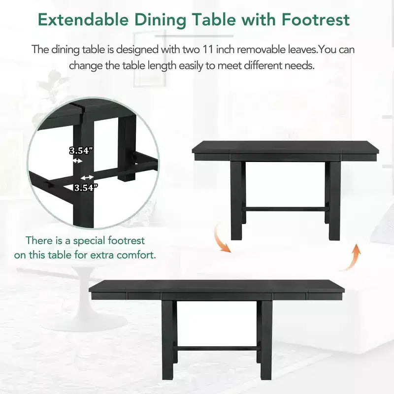 Set da pranzo allungabile da 6 pezzi HABITRIO per 6 persone, set da pranzo in stile rustico con 4 sedie imbottite, panca e 2 prolunghe rimovibili, naturale/nero