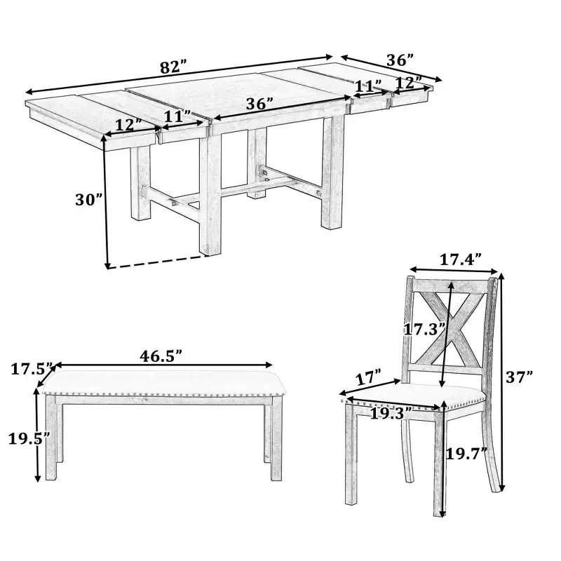 Set da pranzo allungabile da 6 pezzi HABITRIO per 6 persone, set da pranzo in stile rustico con 4 sedie imbottite, panca e 2 prolunghe rimovibili, naturale/nero