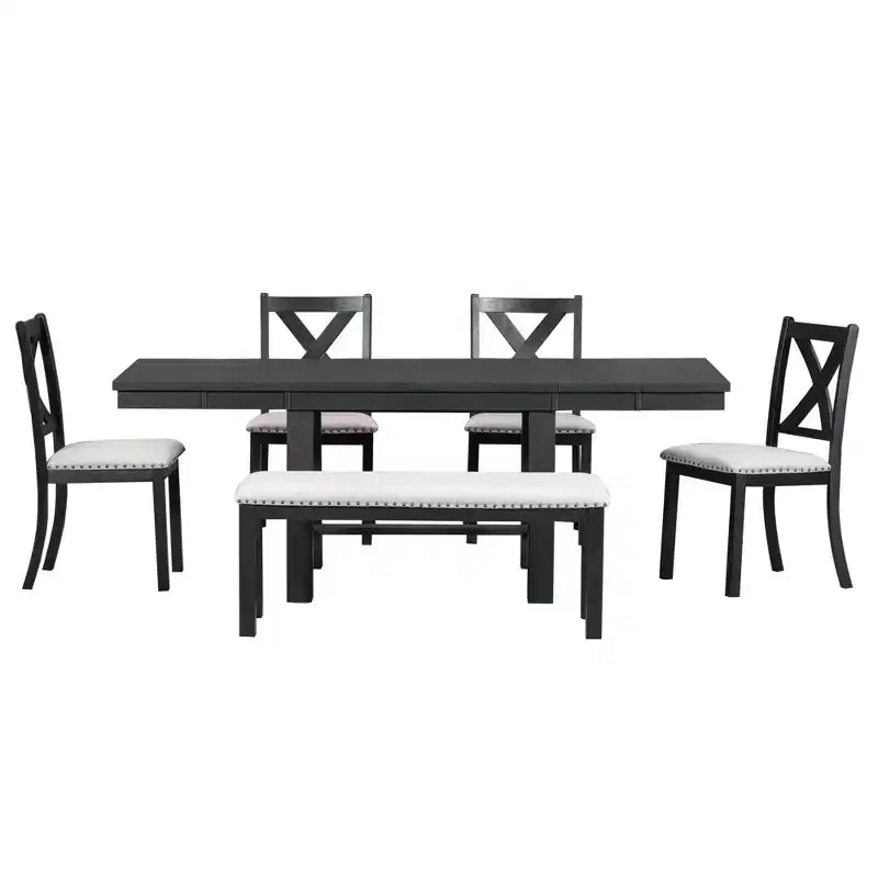 Set da pranzo allungabile da 6 pezzi HABITRIO per 6 persone, set da pranzo in stile rustico con 4 sedie imbottite, panca e 2 prolunghe rimovibili, naturale/nero
