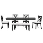 Set da pranzo allungabile da 6 pezzi HABITRIO per 6 persone, set da pranzo in stile rustico con 4 sedie imbottite, panca e 2 prolunghe rimovibili, naturale/nero