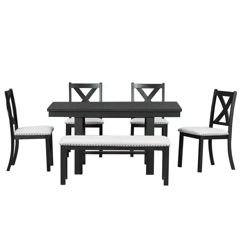 Set da pranzo allungabile da 6 pezzi HABITRIO per 6 persone, set da pranzo in stile rustico con 4 sedie imbottite, panca e 2 prolunghe rimovibili, naturale/nero