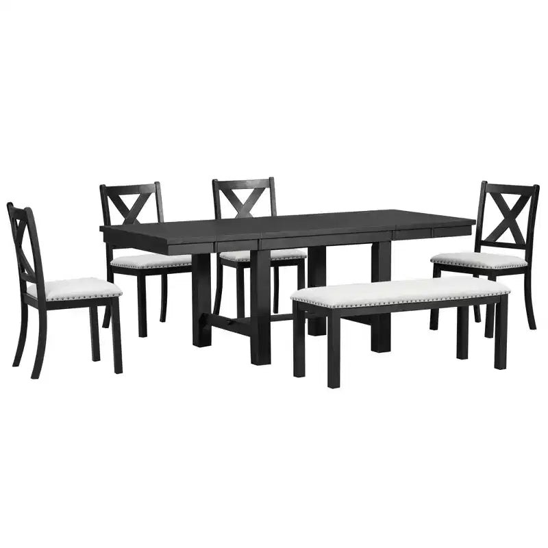 Set da pranzo allungabile da 6 pezzi HABITRIO per 6 persone, set da pranzo in stile rustico con 4 sedie imbottite, panca e 2 prolunghe rimovibili, naturale/nero