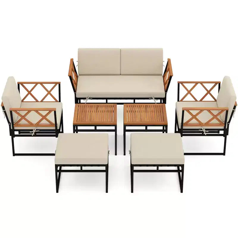Set da conversazione per esterni Costway da 7 pezzi, sedie in legno di acacia e tavolino con pouf
