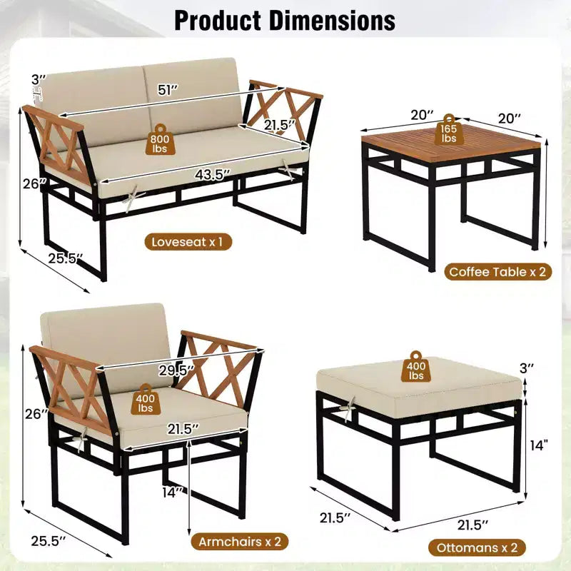 Set da conversazione per esterni Costway da 7 pezzi, sedie in legno di acacia e tavolino con pouf