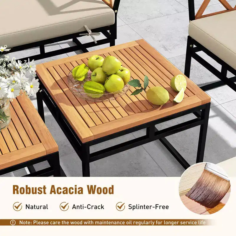 Set da conversazione per esterni Costway da 7 pezzi, sedie in legno di acacia e tavolino con pouf