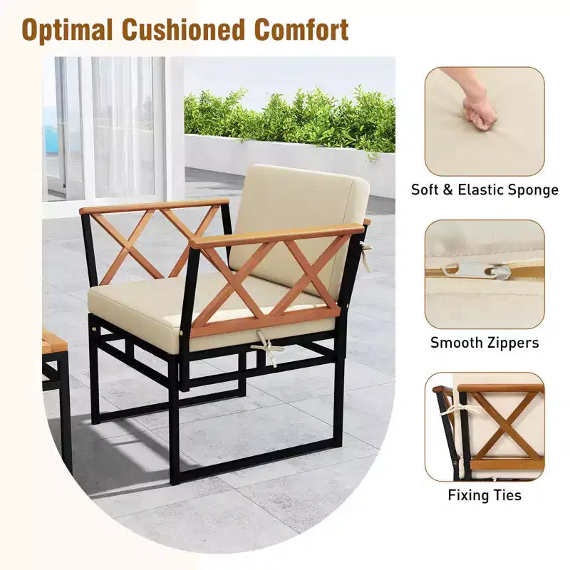 Set da conversazione per esterni Costway da 7 pezzi, sedie in legno di acacia e tavolino con pouf