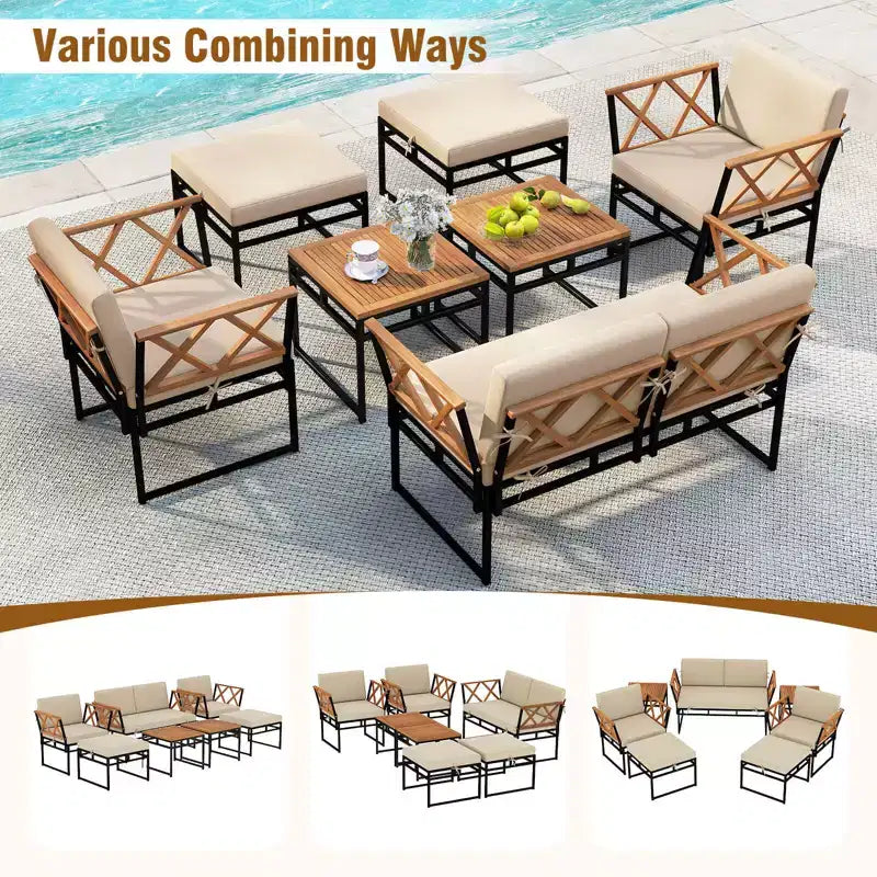 Set da conversazione per esterni Costway da 7 pezzi, sedie in legno di acacia e tavolino con pouf