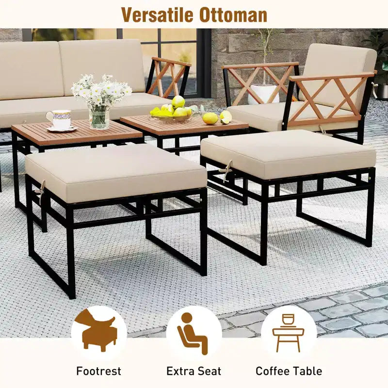 Set da conversazione per esterni Costway da 7 pezzi, sedie in legno di acacia e tavolino con pouf