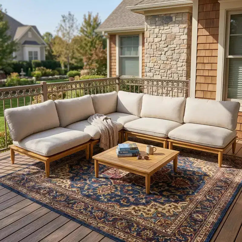 Set di sedute a V per esterni Sacova di Christopher Knight Home in legno di acacia, struttura con finitura teak e cuscino beige