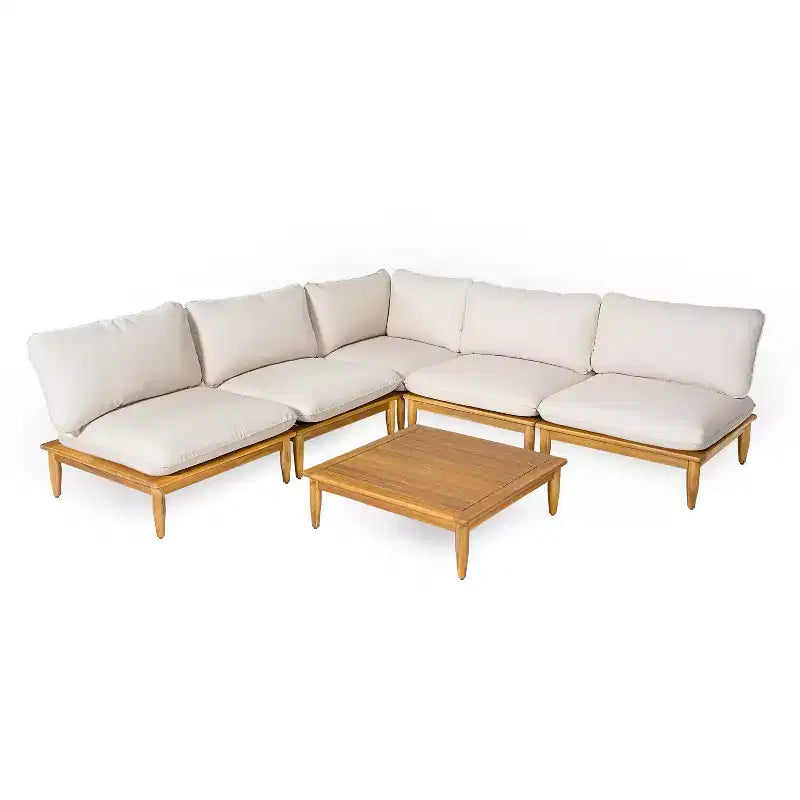 Set di sedute a V per esterni Sacova di Christopher Knight Home in legno di acacia, struttura con finitura teak e cuscino beige