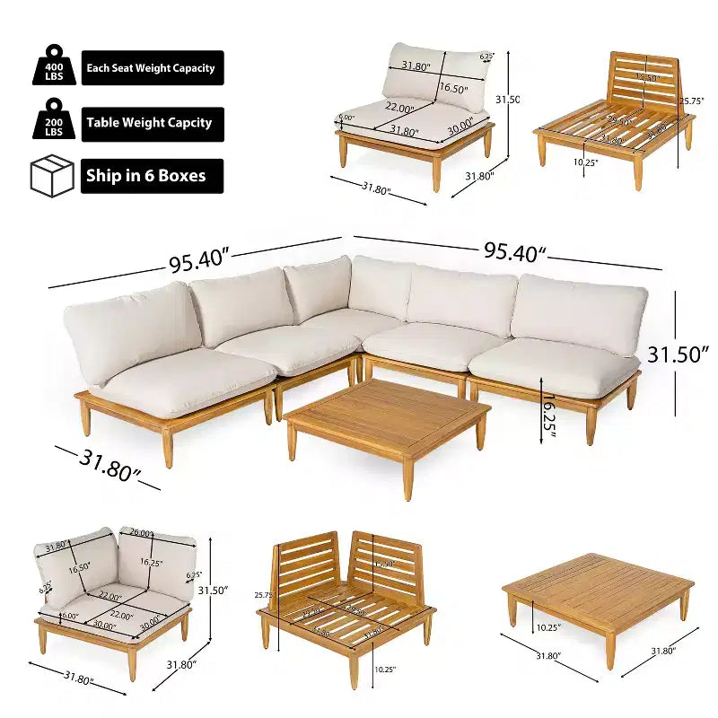 Set di sedute a V per esterni Sacova di Christopher Knight Home in legno di acacia, struttura con finitura teak e cuscino beige