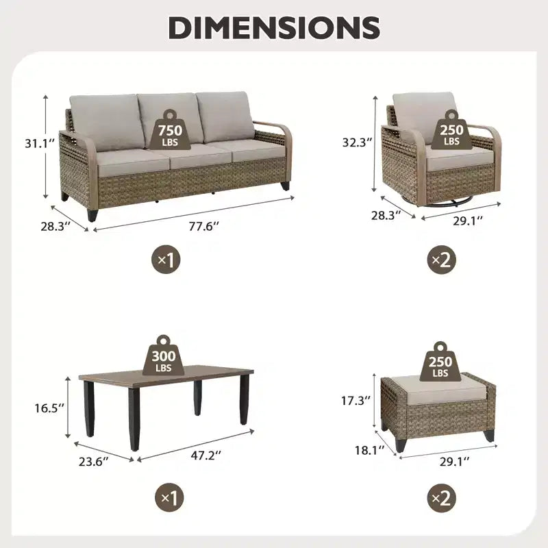 Set da conversazione per esterni in vimini EAGLE PEAK, 2 sedie a dondolo girevoli, divanetto a 3 posti, 2 pouf e tavolino, 6 pezzi