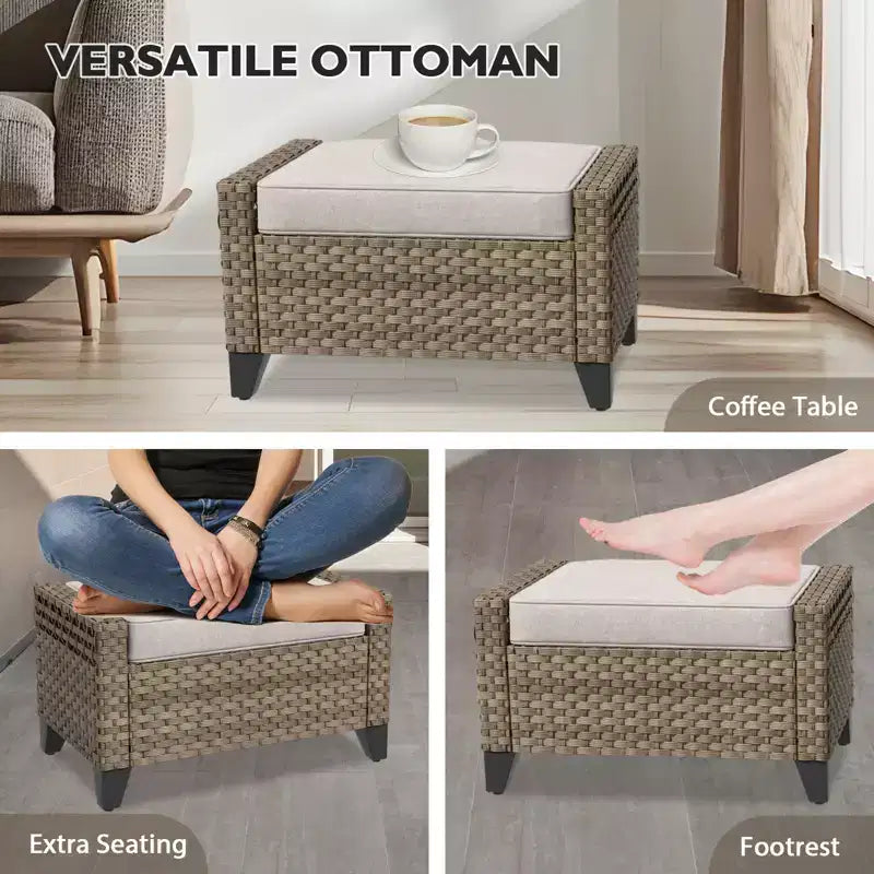 Set da conversazione per esterni in vimini EAGLE PEAK, 2 sedie a dondolo girevoli, divanetto a 3 posti, 2 pouf e tavolino, 6 pezzi