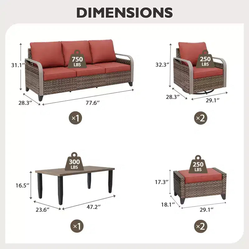 Set da conversazione per esterni in vimini EAGLE PEAK, 2 sedie a dondolo girevoli, divanetto a 3 posti, 2 pouf e tavolino, 6 pezzi