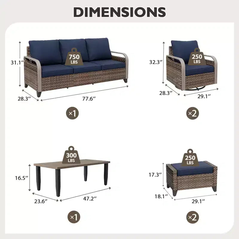 Set da conversazione per esterni in vimini EAGLE PEAK, 2 sedie a dondolo girevoli, divanetto a 3 posti, 2 pouf e tavolino, 6 pezzi