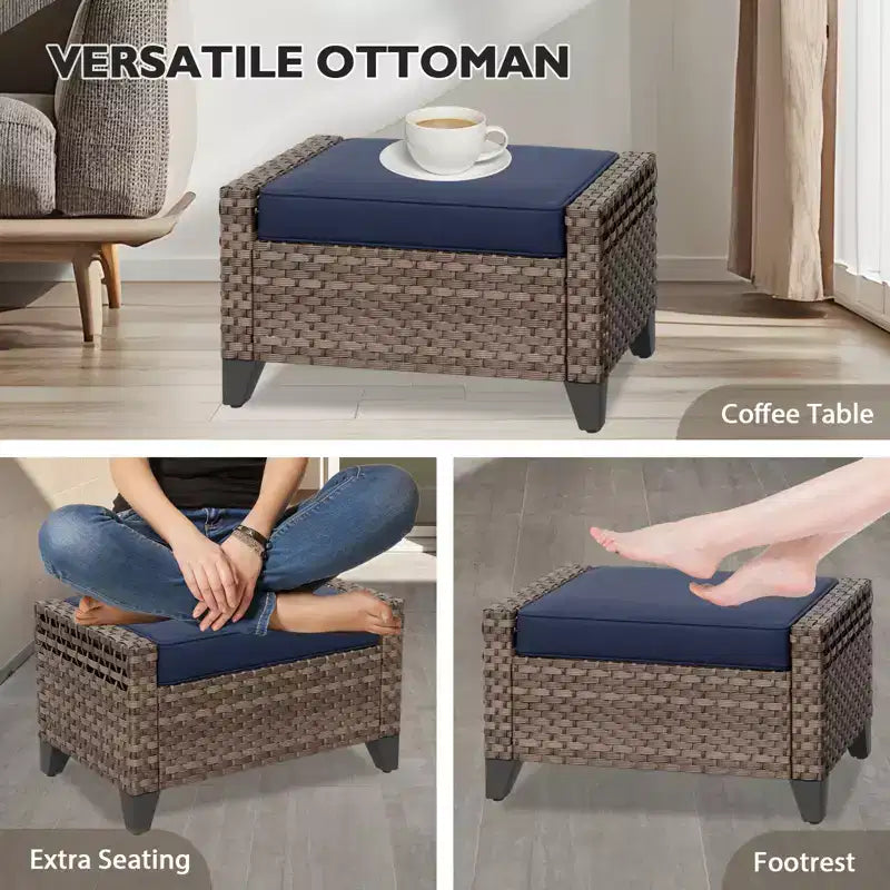 Set da conversazione per esterni in vimini EAGLE PEAK, 2 sedie a dondolo girevoli, divanetto a 3 posti, 2 pouf e tavolino, 6 pezzi