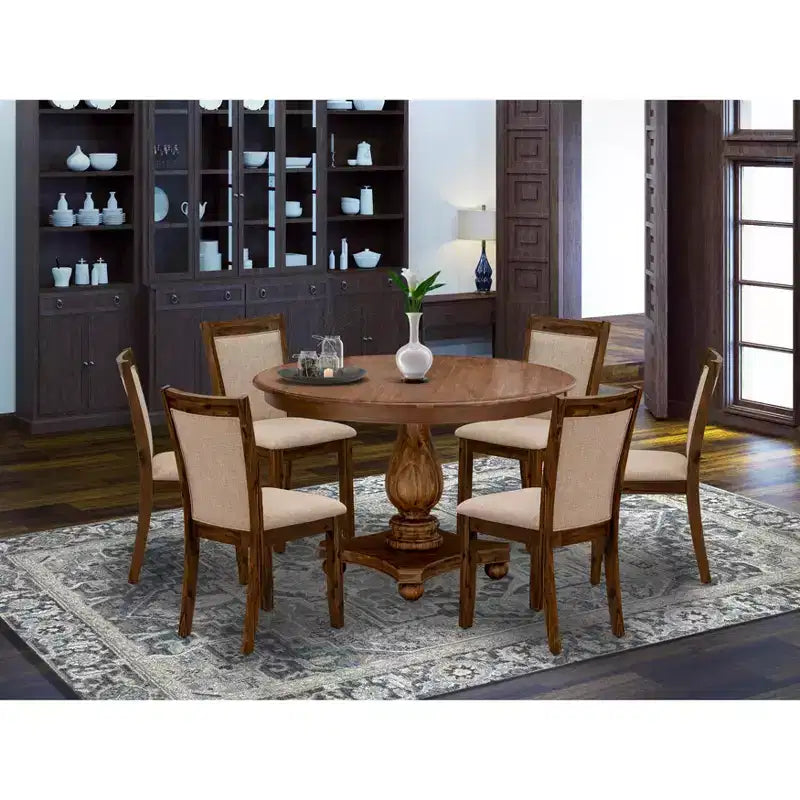 Set da pranzo moderno HomeStock Belmont da 7 pezzi - Tavolo con base a colonna in legno e 6 sedie da pranzo Parson color marrone chiaro con schienale alto - Finitura noce antico
