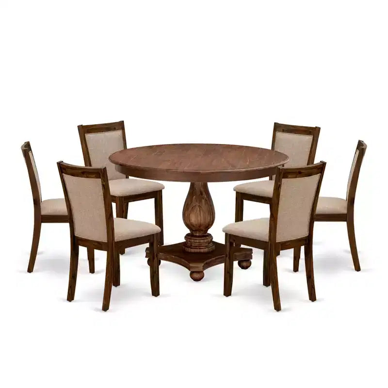 Set da pranzo moderno HomeStock Belmont da 7 pezzi - Tavolo con base a colonna in legno e 6 sedie da pranzo Parson color marrone chiaro con schienale alto - Finitura noce antico