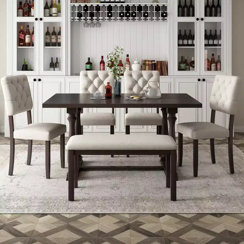 Set da tavolo da pranzo per 6 persone con panca, tavolo rettangolare e 4 sedie imbottite per cucina
