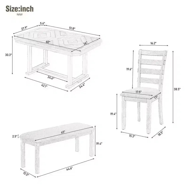 Set tavolo da pranzo per 6 con piano effetto legno, set tavolo da cucina con sedie e panca