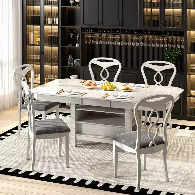 Set da pranzo allungabile VECELO 5/7 pezzi, tavolo in legno di caucciù con 4/6 sedie da pranzo imbottite senza braccioli per cucina, grigio