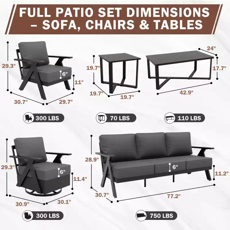 EAGLE PEAK Urban Slate - Set di 7 mobili moderni da giardino, divano, sedie a dondolo girevoli, sedie da esterno, tavolino da caffè e tavolino laterale