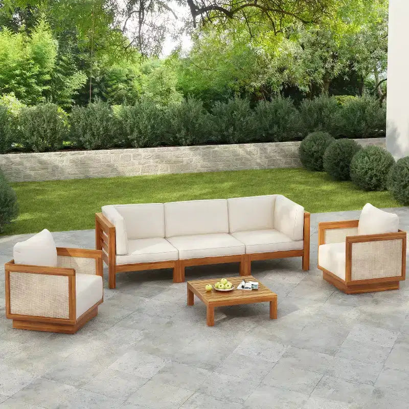 Christopher Knight Home Isora Patio 6 Piece Acacia Wood Seating Set with Slatted Coffee Table and Cushions