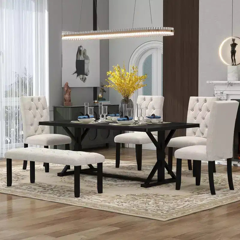 Set tavolo da pranzo allungabile vintage GDFStudio Oliver per 4-6 persone con tavolo farmhouse 42-58" e sedie imbottite