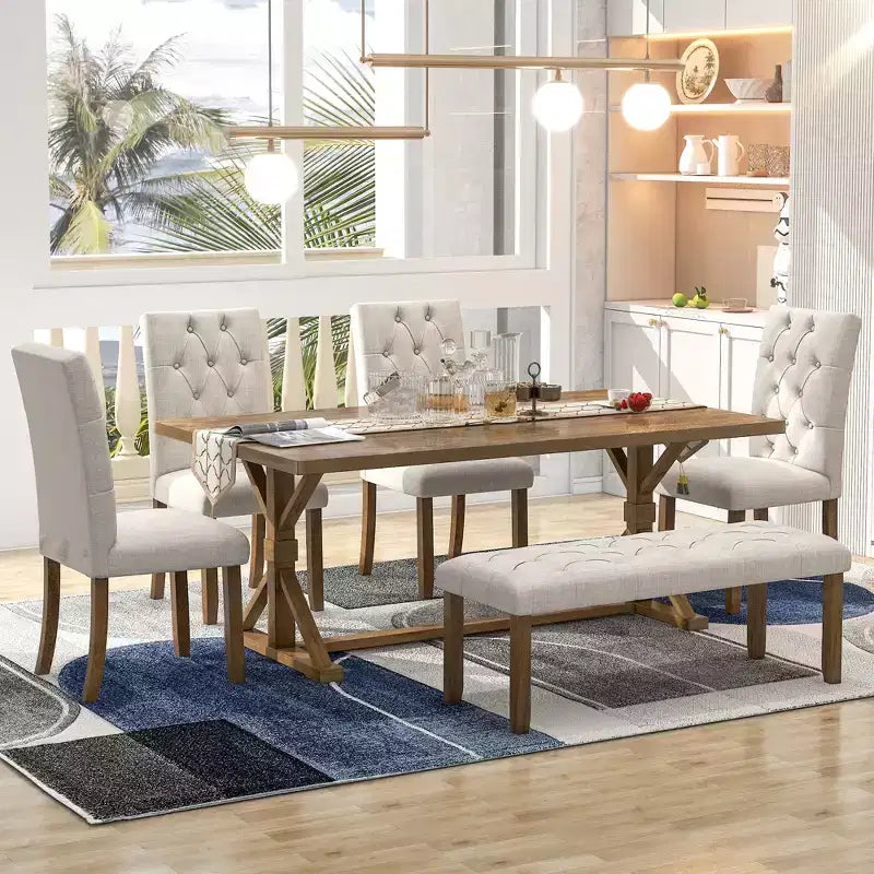 Set tavolo da pranzo allungabile vintage GDFStudio Oliver per 4-6 persone con tavolo farmhouse 42-58" e sedie imbottite