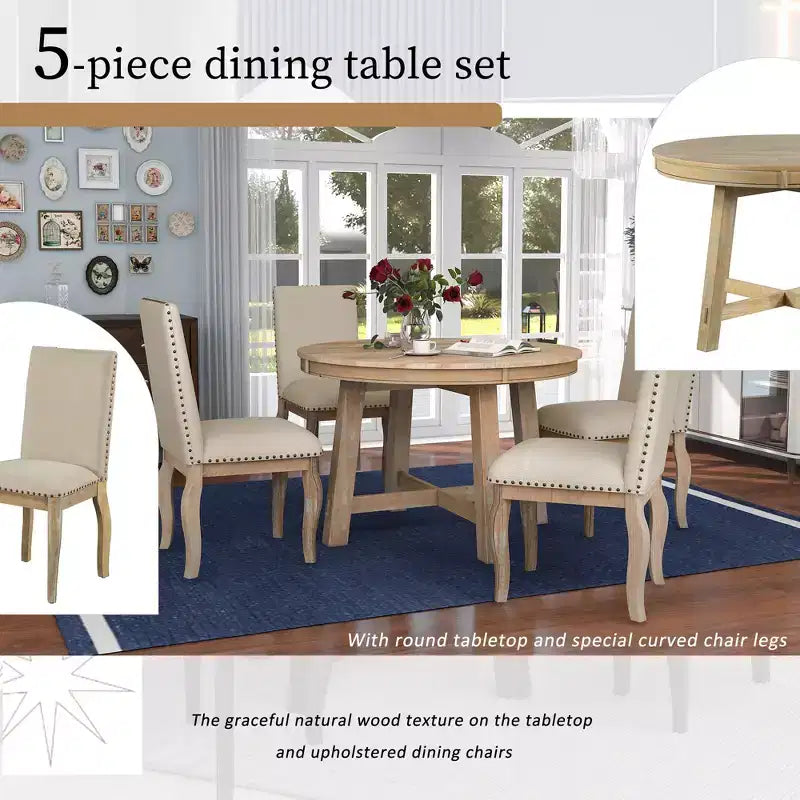 GDFStudio Dana Set da 5 Pezzi Tavolo da Pranzo con Tavolo Rotondo Allungabile e Sedie Imbottite