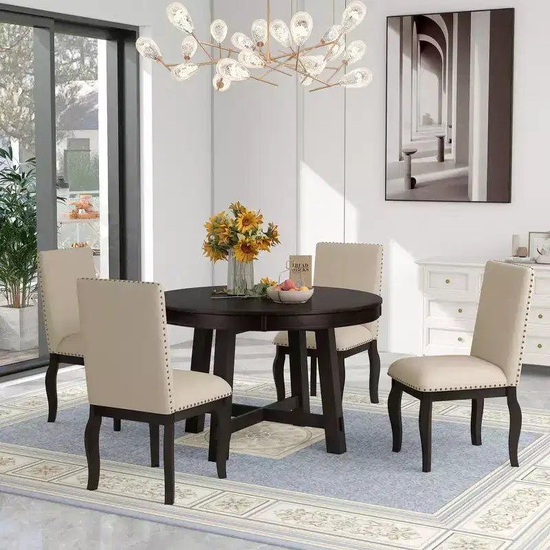 GDFStudio Dana Set da 5 Pezzi Tavolo da Pranzo con Tavolo Rotondo Allungabile e Sedie Imbottite