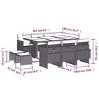 Set da pranzo per patio vidaXL con cuscini - Set da 11 pezzi in polyrattan grigio per giardino, tavolo e sedie da esterno, salvaspazio, piano in vetro temperato