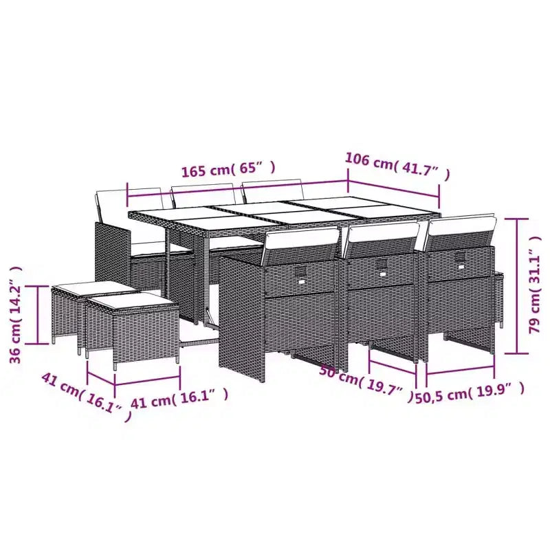 Set da pranzo per patio vidaXL con cuscini - Set da 11 pezzi in polyrattan grigio per giardino, tavolo e sedie da esterno, salvaspazio, piano in vetro temperato