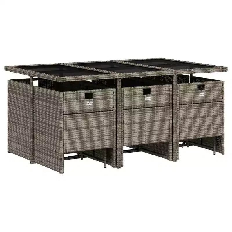 Set da pranzo per patio vidaXL con cuscini - Set da 11 pezzi in polyrattan grigio per giardino, tavolo e sedie da esterno, salvaspazio, piano in vetro temperato