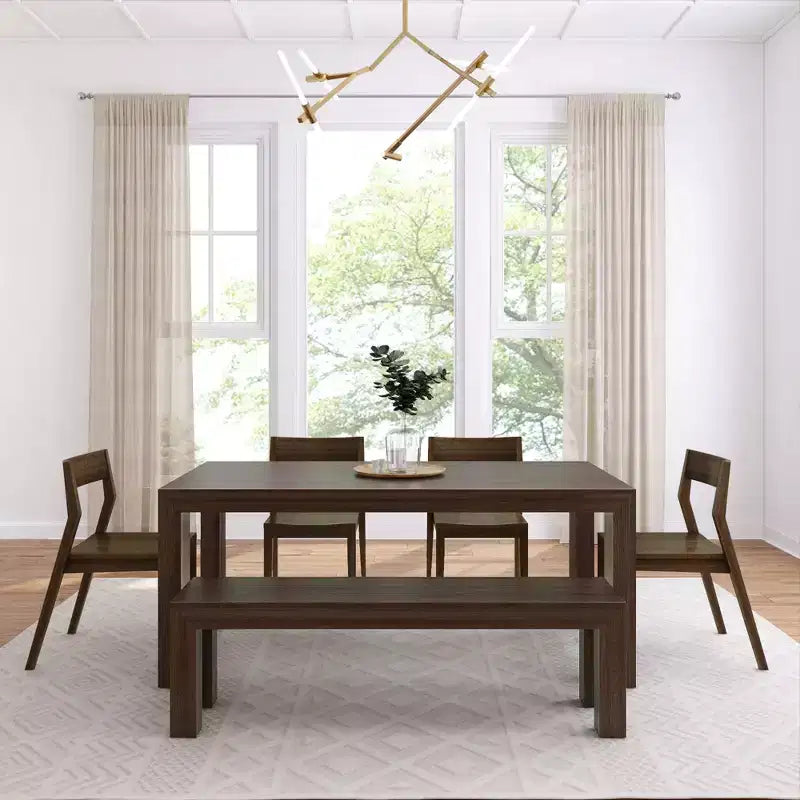 Set tavolo da pranzo moderno da 72" in legno massello con panca + 4 sedie