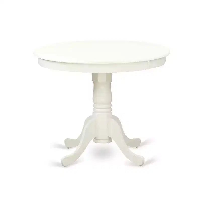 HomeStock Tavolo da pranzo rotondo da 5 pezzi in lino bianco con piano in legno massello e 4 sedie con schienale a doghe