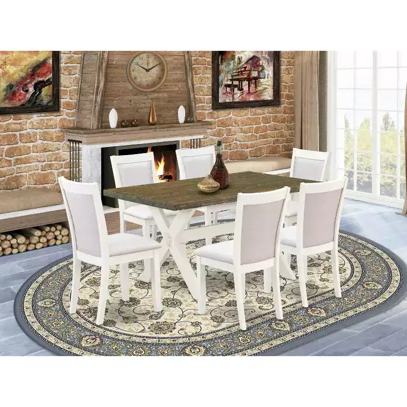 Tavolo da Pranzo HomeStock 7 Pezzi in Legno Massello Finitura Bianco Lino Spazzolato con 6 Sedie