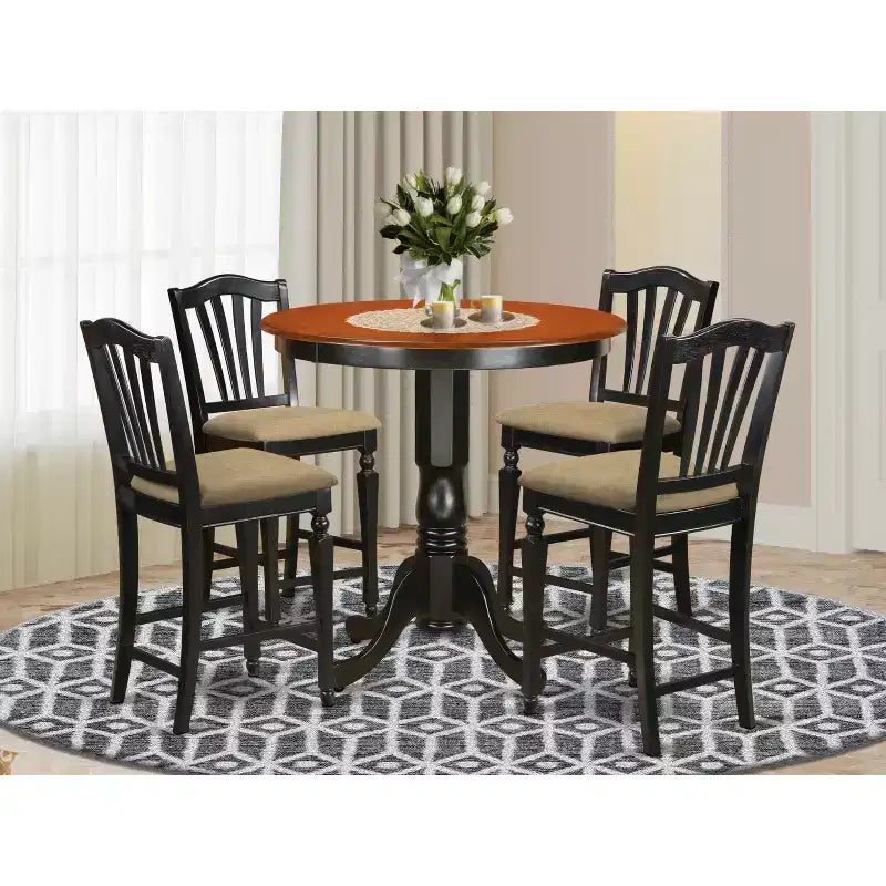 Set 3 pezzi da pranzo per cucina, tavolo e sedie – Tavolo rotondo con piedistallo e 4 sedie
