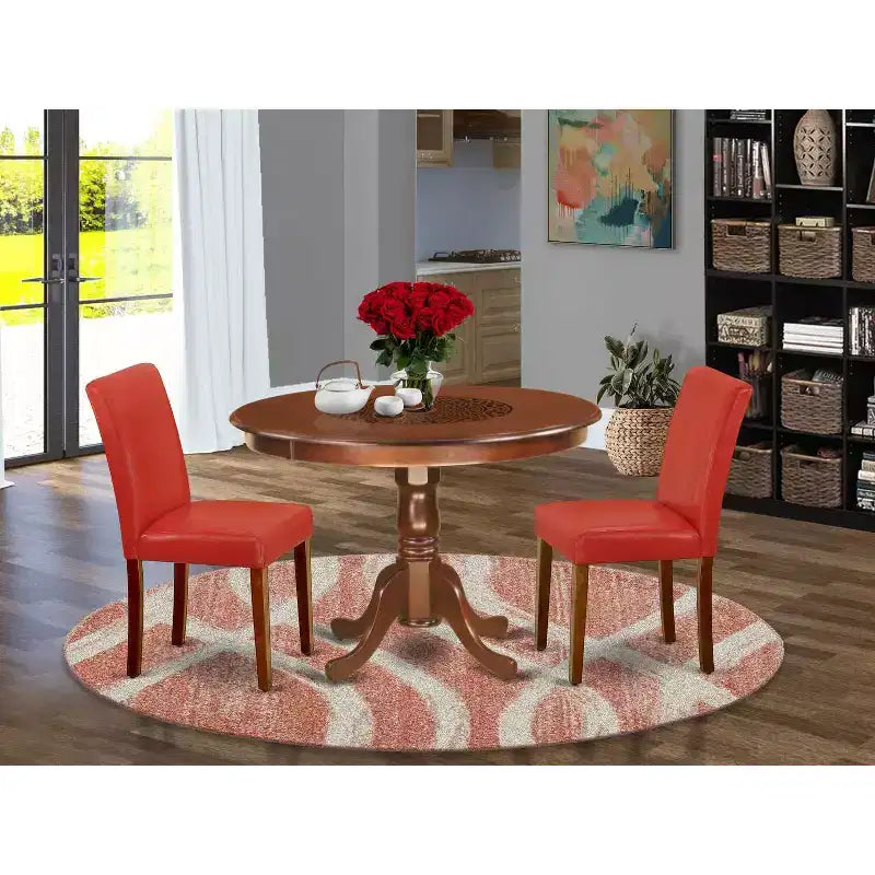 Set tavolo da cucina rotondo 42 pollici - Set 3 pezzi tavolo e sedie - Sedie Parsons in similpelle - Rosso mattone