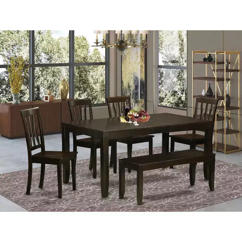 Set da pranzo 6 pezzi - Tavolo rettangolare e 4 sedie con panca - Finitura Cappuccino - Tavolo 54/66