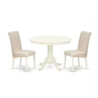 3Pc Dinette Set - Round Kitchen Table & 2 Parsons Chairs - Linen White Finish