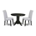 Small Round Kitchen Dining Set - 3Pc Table & Chairs - Linen Grayish Blue Fabric - Modern Baroque Design