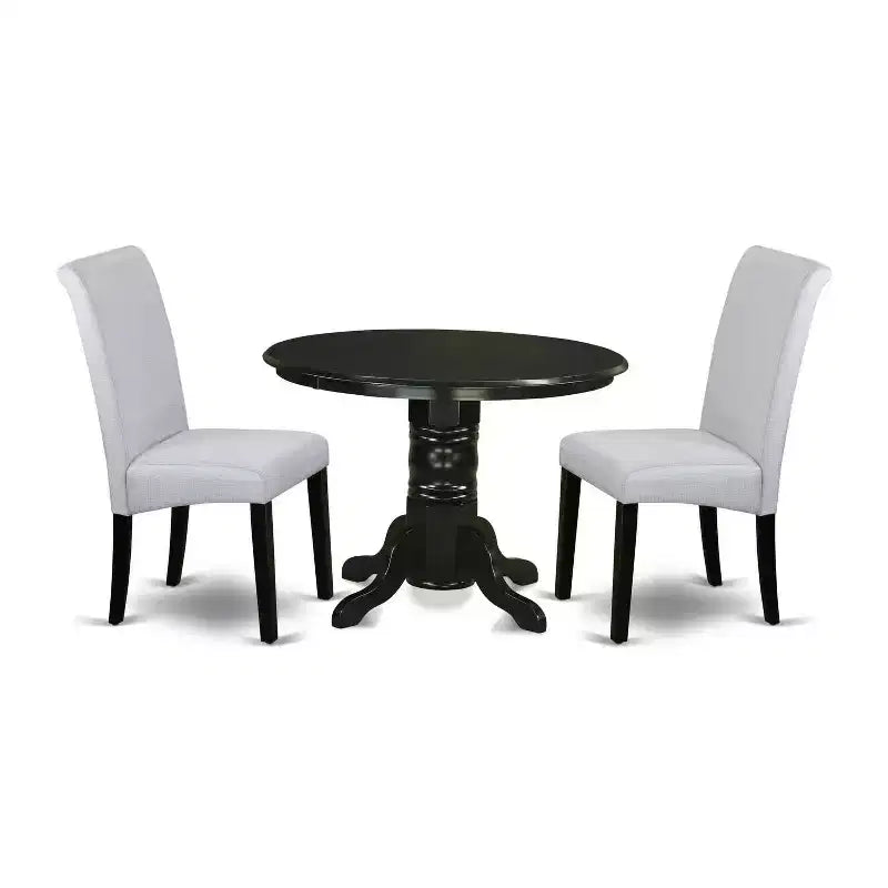 Small Round Kitchen Dining Set - 3Pc Table & Chairs - Linen Grayish Blue Fabric - Modern Baroque Design