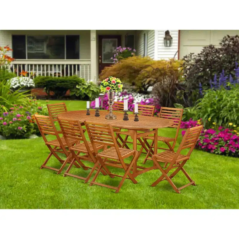 HomeStock Tavolo da Pranzo con Piano in Legno Massello Finitura Rovere Naturale 9 Pezzi con 8 Sedie