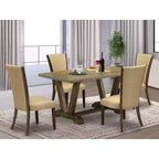 Tavolo da pranzo HomeStock 5 pezzi con piano in legno massello con finitura anticata Jacobean e 4 sedie imbottite