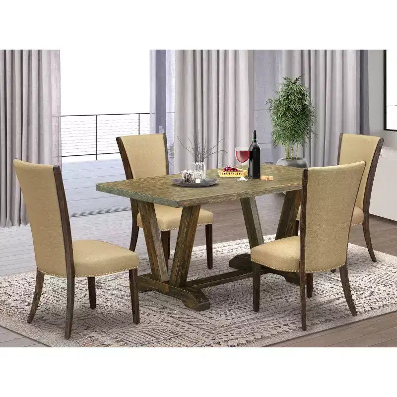 Tavolo da pranzo HomeStock 5 pezzi con piano in legno massello con finitura anticata Jacobean e 4 sedie imbottite