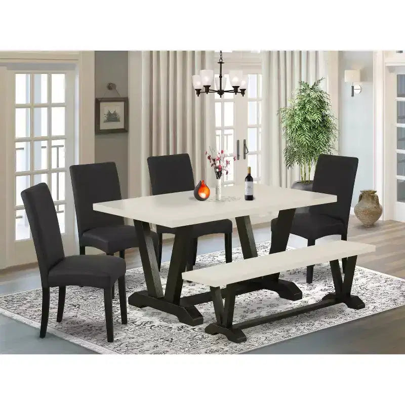Tavolo da pranzo 6 posti in legno massello finitura rovere naturale con 1 panca e 4 sedie con