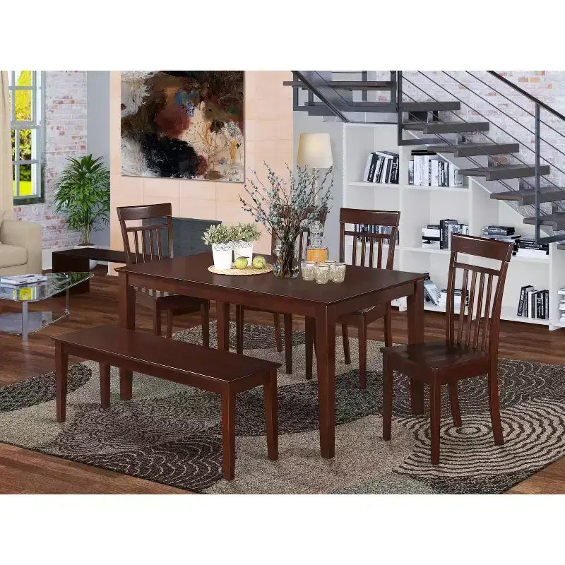 HomeStock Tavolo da Pranzo Rettangolare a 6 Pezzi con Piano in Legno Massello Finitura Cappuccino con 1 Panca, 4 Sedie