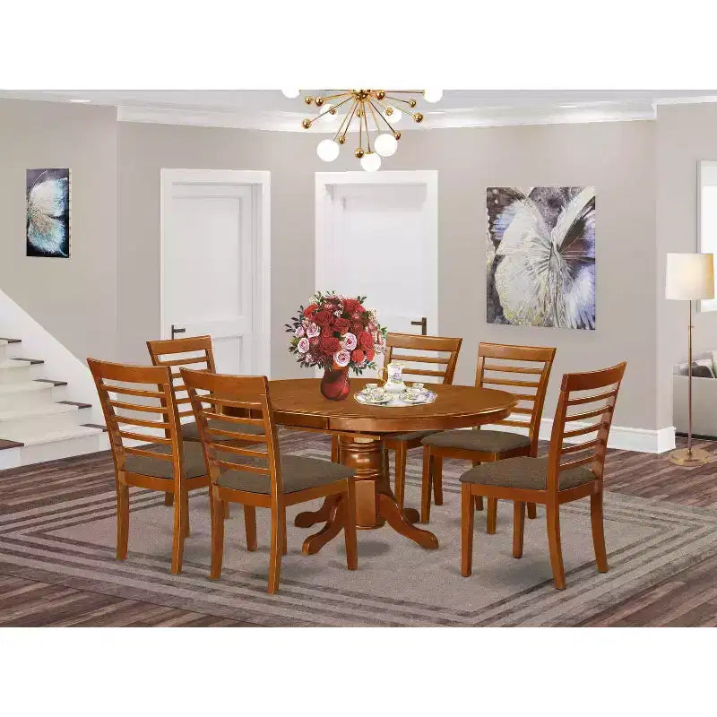 Tavolo da pranzo ovale a 7 pezzi con piano in legno massello finitura marrone sella e 6 sedie con