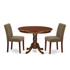 Round Kitchen Table Set 3pc - 42 Inch Table & 2 Parsons Chairs - Linen Fabric & Mahogany Legs - Dining Room Set